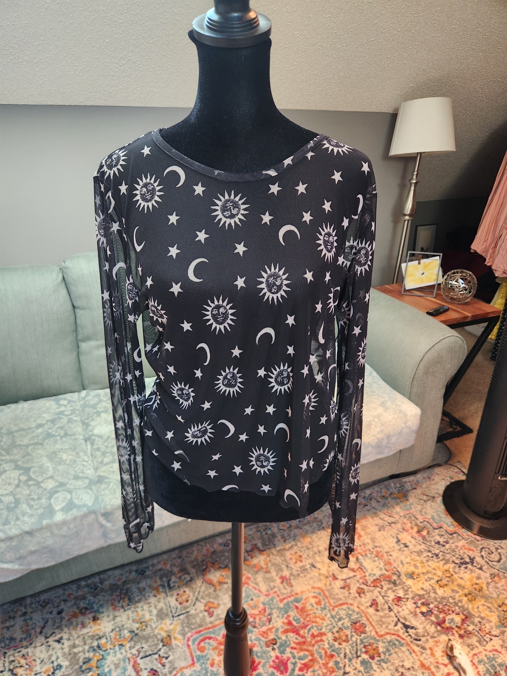 Originality Sun & Moon Long-Sleeve Sheer Mesh Top - Black XL Halloween!